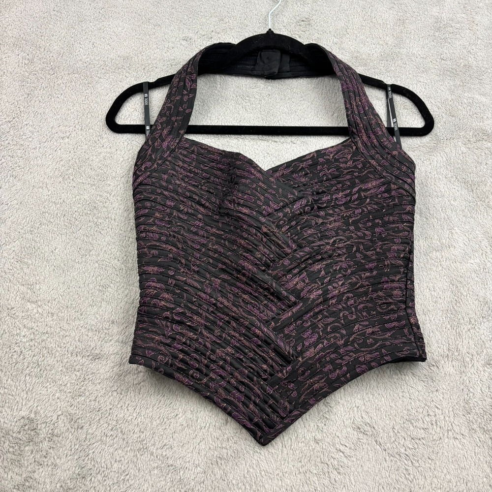 VTG Tadashi Shoji Corset Top Womens 4 Purple Gold Metallic Floral Coquette Fairy